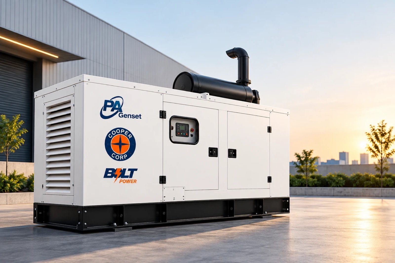 PA Genset silent diesel generator outside an industrial building at sunset